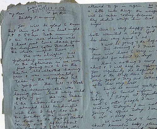 Letter to India about the birth of our son, November 1959