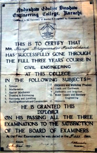My father’s Civil Engineering Diploma, Karachi, 1943. My father’s Civil Engineering Diploma, Karachi, 1943.