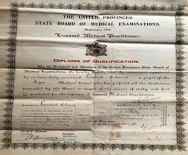 Licensed Medical Practitioner certificate for Partool Chand Banga, my grandfather. 1922. Licensed Medical Practitioner certificate for Partool Chand Banga, my grandfather. 1922.