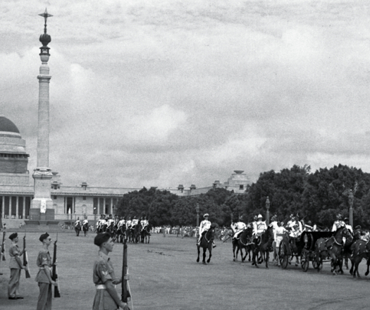 The ceremonial carriage carrying Lord and Lady Mountbatten, flanked by the Governor-General's bodyguard. The ceremonial carriage carrying Lord and Lady Mountbatten, flanked by the Governor-General's bodyguard.