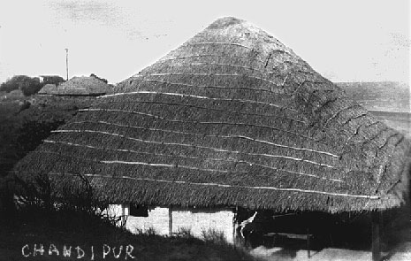Chandipur beach house. Note the heavy thatch roofs typical of villages in the Orissa region. Chandipur beach house